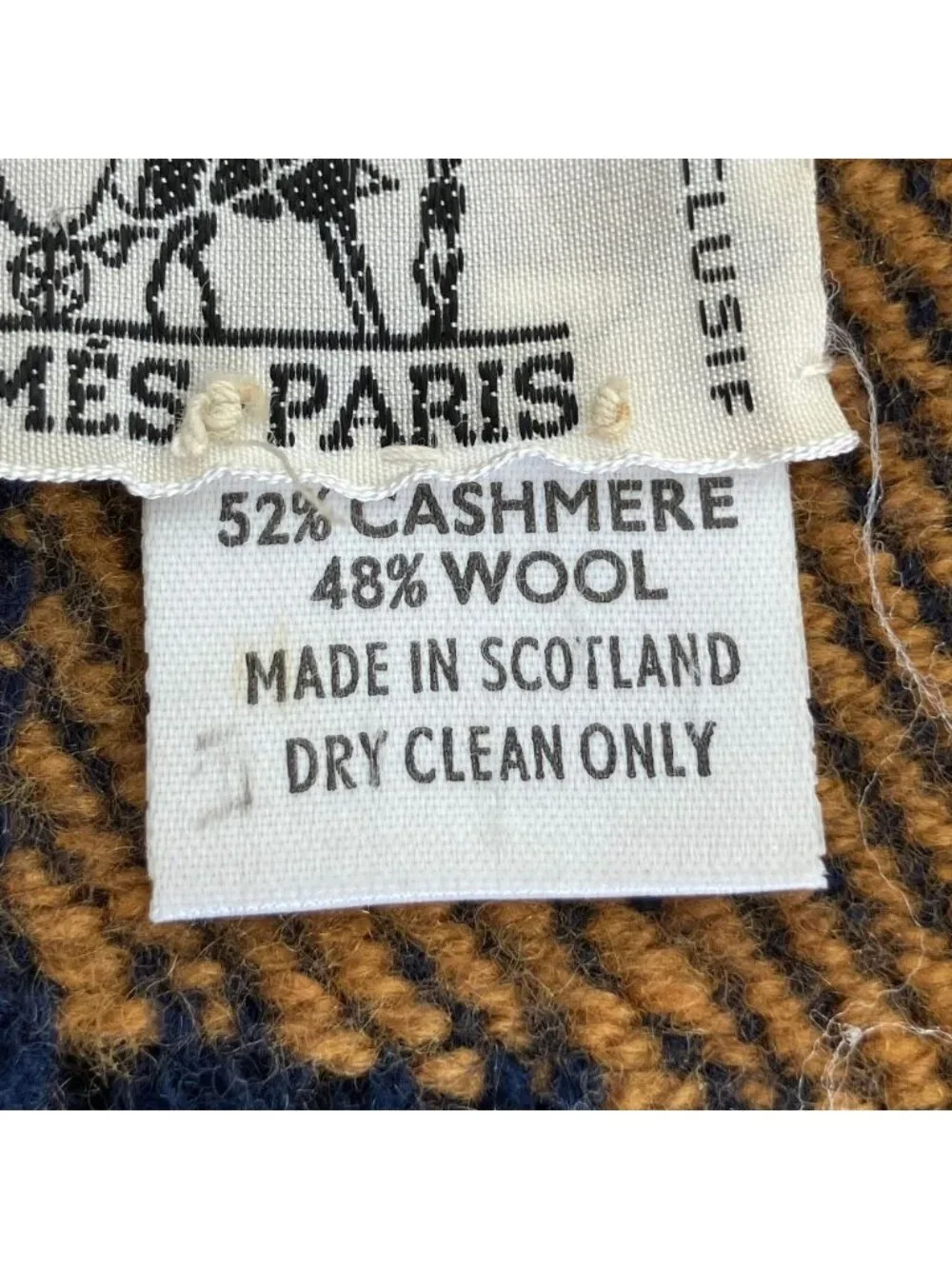 Hermes Vintage Cashmere Wool Reversible Fringe Scarf Navy Beige